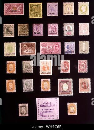 Europa - AUSLÄNDISCHE POSTÄMTER IN DER TÜRKEI: (von links nach rechts) 1. Österreich, 3 Soldi, 1867. 2, Österreich, 10 Paras, 1888, 3. Österreich, 1 Piastre 1890, 4. Österreich, 10 Paras, 1908, 5. Frankreich, 15 piastres, 1921, 6. Frankreich, 1 Rappen, 1902, 7. Großbritannien, 2 Pence, 1905, 8. Großbritannien, 2,5 piastres, 1910, 9. Große Breitain, 3 Pence, 1921, 10. Deutschland, 10 Paras, 1889, 11. Deutschland, 5 Centimes 1908, 12. Italien, 1 centino, 1874, 13. Italien, 40 Paras, 1908, 14. Italien, 1 Piastre 1908, 15. Polen, 2 Marek 1919, 16. Rumänien, 20 Paras, 1896, 17. Russland 10 Kopeken 1872, 18. Russland, 2,5 piastres am 20 Paras auf Stockfoto