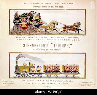 Stickerei, Stephen's Triumph 60 Meilen pro Stunde ist die London York Royal Mail Coach begonnen, die im Jahr 1706 von Black Swan Holborn London und fuhr der erste Zug am 27. September 1825 von Stockton nach Darlington Stockfoto