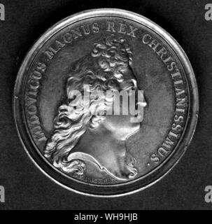 Münze, König Ludwig XIV. von Frankreich (1638-1715, König von 1643), "Der Sonnenkönig". Stockfoto