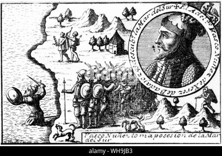 Vasco Nunez de Balboa, stehend in der Mar det Suz mit seinem Schwert und Schild, zu seinem Gefährten, die mit ihrem Blut Hund stand am Ufer Zeugnis, das Meer mit seinen Inseln abnd Küsten und den Ländern Verbreiterung es fortan spanischen Besitzungen wurden, solange die Welt aushalten und bis zum letzten Tag des Gerichts zu tragen. Stockfoto