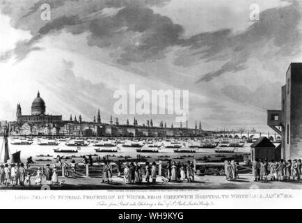 Lord Horatio Nelson's Trauerzug durch Wasser aus Greenwich Hospital an Whitehall, 8. Januar 1806. Stockfoto