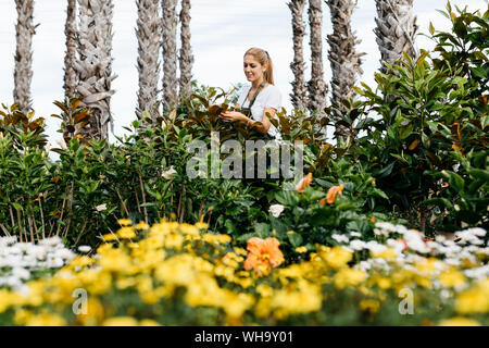 Weibliche Arbeitnehmer in einem Gartencenter interessieren für Blumen Stockfoto