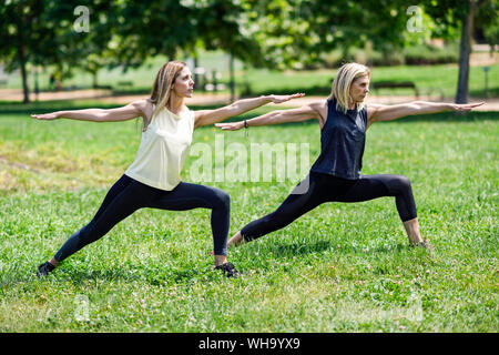 Reife frau yoga mit ihrer Tochter in einem Park Stockfoto