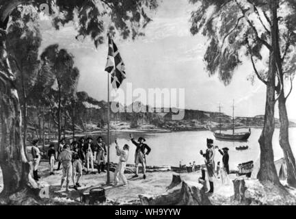 Die Gründung von Australien. Szene an der Entfaltung der britischen Flagge in Sydney Cove am 26. Januar 1788. Kapitän Arthur Phillip, dem ersten Gouverneur der Kolonie New South Wales, und Offiziere und Schutz der Marines werden angezeigt zu Trinken für die Gesundheit von König George III. Die erste Australien Tag. Stockfoto