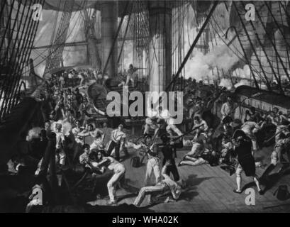 Admiral Lord Horatio Nelson ist tödlich in der Schlacht von Trafalgar von D. Dighton verwundet. 1805. Stockfoto