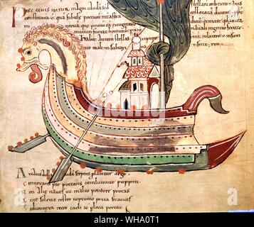 Anglo-sächsischen Ansicht eines Drachen Schiff, von einem zehnten Jahrhundert Manuskript. Stockfoto