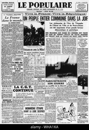 WW2: Befreiung von Paris. 'Le Populaire", sozialistische Zeitung Titelseite vom 27. August 1944. Stockfoto