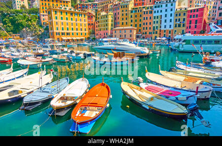 Farbenfrohe Gebäude und Fischerboote im Hafen von Camogli an sonnigen Sommertagen, Genua, Italien Stockfoto