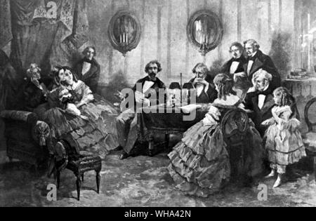 Charles Dickens lesen David Copperfield. . Dickens, Charles John Huffam (Pseudonym Boz) englische Schriftsteller, schrieb Romane Pickwick Papers 1837-1839 1836-1837, Oliver Twist, A Christmas Carol 1843, Bleak House 1852-1853, Eine Geschichte aus zwei Städten 1859 1812-1870. . . . . Stockfoto