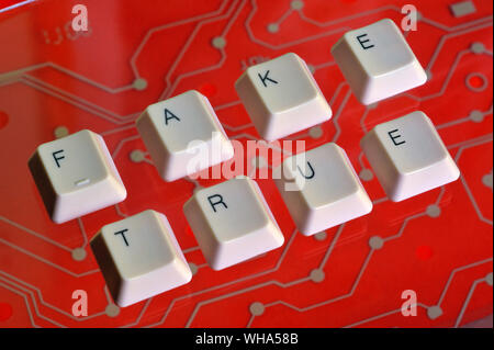 Die Tasten der Tastatur Form das Wort FAKE TRUE im roten Stromkreis im Hintergrund. Stockfoto