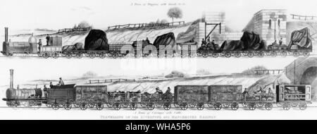 Reisen auf der Liverpool und Manchester Railway. Ein Zug von Wagen mit Vieh. Ein Zug von Wagen mit Waren. 1831 Stockfoto