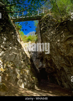 Eine moderne Fußgängerbrücke trägt die Leete Weg über der Teufelsschlucht Bergbau nachgelagerten bleibt (N) Der loggerheads Land Park, North Wales, UK. Stockfoto