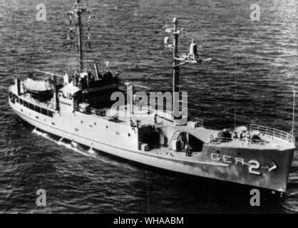 Amerikanische Schiff gefangen. Die USS Pueblo gezeigt unterwegs am Meer durch das Verteidigungsministerium, wurde durch Nordkoreanische Patrouillenboote erfasst und an Wonson genommen. Es waren 83 Männer an Bord berichtet. 23. Januar 1968 Stockfoto