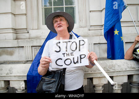 Parlament, Whitehall 2.9.2019. Bleiben Demonstranten außerhalb des Cabinet Office, man hält ein Schild mit der Aufschrift 'Stoppt den Putsch". Stockfoto