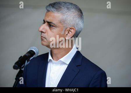 Warschau, Polen. 02 Sep, 2019. Bürgermeister von London, Sadiq Khan spricht während der Pressekonferenz zur POLIN Museum der Geschichte der Polnischen Juden in Warschau. Credit: SOPA Images Limited/Alamy leben Nachrichten Stockfoto