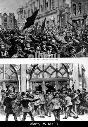 Die Ausschreitungen im West End von London 8. Februar 1886. Top: Hier kommen Sie! Der Mob in St James's Street. Unten: Plündern Geschäfte im Picadilly Stockfoto