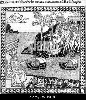 Früheste Bild zeigt die Landung von Kolumbus in der Neuen Welt. für La Cettera. 1493 Stockfoto