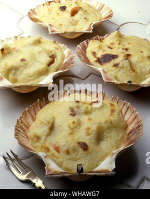 Französische Rezepte von Jill Pound-Corner.. . Rechts.. Coquilles St. Jacques Morney.. Jakobsmuscheln in Morney Soße.. Stockfoto