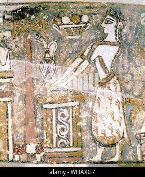 Priesterin am Altar, Kreta, Heraklion, 14. Jahrhundert v. Chr.. Fresko an der Hagia Triada Sarkophag. In: Das archäologische Museum (Heraklion, Griechenland). Eine Frau in den zeremoniellen Kleidung, eventuell einer Priesterin, bietet ein trankopfer an einem Altar. Stockfoto