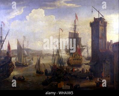 1673 Dock Szene in einen britischen Hafen von Jacob Knyff (1638-1681). National Maritime Museum, Greenwich, London. Englische und Niederländische Schiffe auf speichert oder Fracht an einem Port. Obwohl der Hafen vermutlich Imaginären ist, ist es eine anspruchsvolle Malerei mit genauen Schiffe dargestellt.. . . Stockfoto