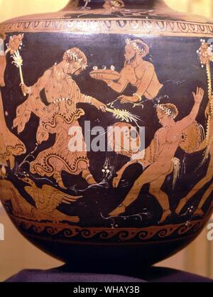 Dionysische schwelgt in Chaos, Vase 380 BC. Männer von Athen von Rex Warner, Seite 188. Stockfoto