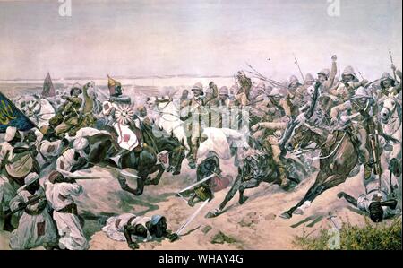 Aufladen des 21 Lancers auf Omdurman im Jahre 1898. Der Weiße Nil von Alan Moorehead, Seite 334. Die Wüste Schlacht von Omdurman im Sudan am 2. September 1898 wurde der britische Rache für den Tod von Gordon nach Khartum zu sehen. Das berühmteste Ereignis der Schlacht wurde die Ladung der 21 Lancers, der allgemein als der letzte volle Kavallerie betrachtet. Waren drei Victoria Kreuze vergeben und die Königin ihren eigenen Namen gewährt das Regiment. . . . . Stockfoto