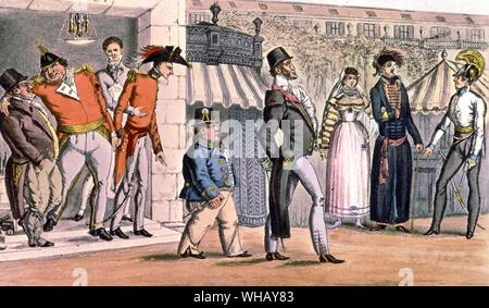 Englische Besucher im Palais Royal. Die Besetzung von Paris 1814. Das Palais Royal begann als kleine und private Theater in der Residenz von Kardinal Richelieu. Das vom Architekten entworfen wurde, Jacques Lemercier. Dieses Theater durch den Namen der Residenz bekannt wurde, das Palais Kardinal. Es war das erste Theater in Frankreich mit beweglichen Landschaft Flügeln und einem vorbühne. Humboldt und den Kosmos von Douglas Botting, Seite 225. Stockfoto