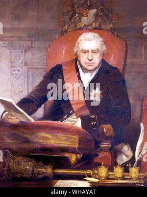 Sir Joseph Banks (1743-1820) "Der Moloch der britischen Wissenschaft' als Präsident der Royal Society. 1810 von Sir Thomas Phillips (1770-1845), Porträtmaler gemalt, und Mitglied der Königlichen Akademie. Die African Adventure - eine Geschichte von Afrikas Entdecker von Timothy Severin, Seite 105.. Sir Joseph Banks wurde in Argyle Street, London, geboren am 13. Februar 1743. Banken war ein Fellow der Royal Society im Jahr 1766 gemacht, und in diesem Jahr reiste er nach Neufundland Pflanzen zu sammeln. Während 1768-1771 reiste er mit Cook um die Welt in der "Bemühen", das naturhistorische Sammlungen, und Stockfoto