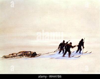 Schlitten schleppen auf Skiern an einem grauen Tag auf dem Great Ice Barrier, von Edward Wilson (1872-1912). Terra-nova-Expedition (1910-1913). Antarktis: Der letzte Kontinent, der von Ian Cameron, Seite 187. Stockfoto