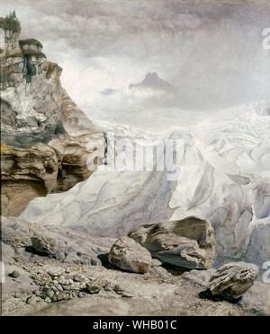 Gletscher der Gletscherschlucht Rosenlaui - 1856. von John Brett (1831-1902). in der Tate Gallery. John Brett war wesentlich durch die Schriften von John Ruskin über Kunst und Geologie beeindruckt, und durch die Werke der Präraffaeliten. Sitzung J. W. Inchbold, einem anderen outdoor Realist Painter, hinzugefügt Brett der Entschlossenheit zu Malen in der Natur "etail würde. Er zuerst an der Königlichen Akademie in 1856 ausgestellt, und im folgenden Jahr der Gletscher von Gletscherschlucht Rosenlaui, eine unglaublich detaillierte Landschaft Studie veranschaulicht, wie der Form des Landes durch Eis action regiert werden könnte, und das zeigen drei krass Eis hinterlegt Felsen im Vordergrund zeigte. Stockfoto