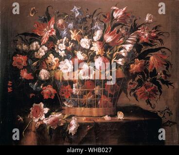 Korb mit Blumen - 1670. von Juan de Arellano (1614-76). Im Prado, Madrid. Stockfoto