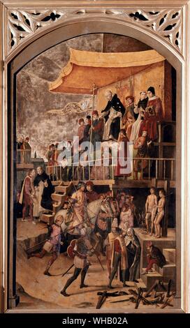 Auto de Fe. Detail der Verurteilung durch die Inquisition in der Gegenwart des Heiligen Domingo. Oder. St. Dominikus, den Vorsitz über die Verbrennung der Ketzer. von Berruguete - Spanische Inquisition. im Prado Museum. Pedro Berruguete (C. 1450 - 1504) war ein spanischer Maler, seine Kunst ist als Übergangsstil zwischen Gotik und Renaissance betrachtet. In paredes de nava, Spanien geboren, ging er nach Italien im Jahre 1480 und in Federigo di Montefeltro's Court in Urbino tätig. Er kam zurück Spanien 1482 und malte in mehreren Städten wie Sevilla, Toledo und Avila. Er war Vater von ein wichtiger Bildhauer, Alonso Berruguete, Stockfoto