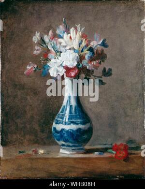 Blumen in einer Vase aus Porzellan 1760. von J.B.S. Chardin. In der National Gallery von Schottland. Jean-Baptiste-Siméon Chardin (2. November 1699 - Dezember 6, 1779) wird von einigen als der größte der 18.-Jahrhundert französischer Maler des Rokoko. Geboren, lebte und starb in Paris.. Stockfoto