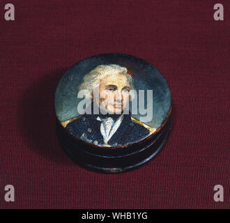 Commemorative ware - Nelson. Geboren 1758 - gestorben 1805. Papiermache Box mit Deckel. Royal Naval Museum, Portsmouth. Stockfoto