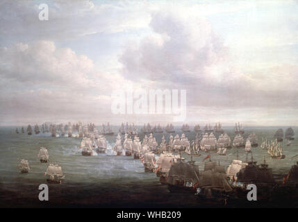 Schlacht von Trafalgar. Das Brechen der Leitung, von Nicholas Pocock 1807 gemalt. Die französischen und spanischen Flotten sind im Vordergrund befindet. Stockfoto