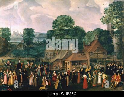 Eine Fete in Bermondsey c 1570 von joris Hoefnagel (1542-1600) - Hatfield House, Hertfordshire, Großbritannien. Stockfoto