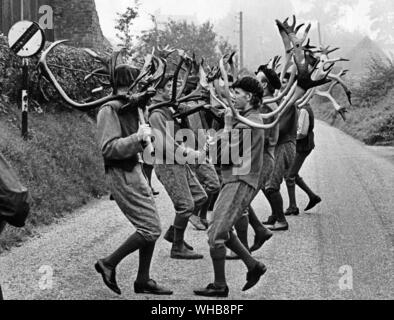 Das tägliche Leben - Abbots Bromley horn Tänzer. Die Abbots Bromley Horn Tanz, am Barthelmy Fair im August 1226 durchgeführt wird, ist eine der wenigen rituellen ländliche Bräuche im Laufe der Zeit zu überleben. Heute ist das Horn Dance findet jährlich auf Wacht Montag, der Tag erwacht Sonntag, dem ersten Sonntag nach dem 4. September. In der Praxis bedeutet dies, dass es am Montag vom zwischen dem 6. September und dem 12. September (einschließlich). Horn Tänzer umfassen sechs Hirsche - Männer, ein Narr, Hobby Horse, Bogenschütze und Maid Marian, ihren Tanz zur Musik von einem melodian Player an Standorten im gesamten durchführen Stockfoto