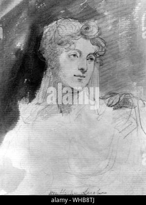 Augusta Leigh, von Sir George Hayter in Bleistift und Tusche - Der brtish Museum, London (J. B. Freeman) - die Frau Abgeordnete Augusta Byron, später der Frau Abgeordneten Augusta Leigh (Januar 26, 1783 - Oktober 12, 1851), war die einzige Tochter von John Mad Jack Byron, der Dichter Lord Byron's Vater, mit seiner ersten Frau. Stockfoto