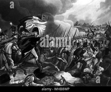 Der Herzog von Wellington in der Schlacht von Waterloo, 18. Juni 1815, von Wellington Siege, 1815, gezeichnet und von William Heath, aquatinted von J.C.Stadler geätzt - im British Museum, London (J. R. Freeman). Die Schlacht von Waterloo, kämpften am 18. Juni 1815, war Napoleon Bonaparte, letzte Schlacht. Seine Niederlage mit einem endgültigen Ende seiner Herrschaft als Kaiser der Franzosen. Waterloo markiert auch das Ende der Zeit bekannt als die hundert Tage, die begann im März 1815 nach Napoleons Rückkehr von Elba, wo Er verbannt worden war, nachdem seine in der Schlacht bei Leipzig im Jahre 1813 besiegt und die Kampagnen von 1814 in Stockfoto