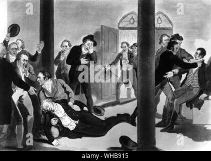 Die Ermordung des rechten Hon. Spencer Perceval - in der Lobby führt zu dem Unterhaus vom 11. Mai 1812. Am 11. Mai 1812, während auf seiner Weise an einer Debatte über die Aufträge im Rat durch Portland's Ministerium übergeben, Perceval wurde in der Lobby des Unterhauses von John Bellingham erschossen. Bellingham, die erfolglos versucht hatte, staatliche Entschädigung für die entstandenen Schulden zu, während er in Russland war, hat sich sofort. Er war beim alten Bailey versucht und zum Tode verurteilt: er wurde am 18. Mai 1812 ausgeführt. Perceval wurde in der Familiengruft in St. Luke's begraben, Stockfoto