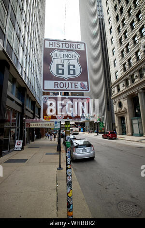 Start der Route 66 Zeichen auf der East Adams Street der Loop Chicago Illinois Vereinigte Staaten von Amerika Stockfoto