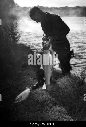 Angler am Lake Tarawera in der Nähe von Rotorua auf der Nordinsel Neuseeland Forellen angeln Stockfoto