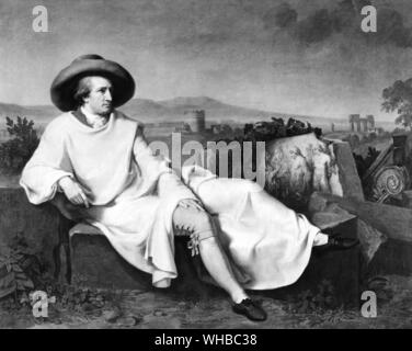 Goethe in der römischen Campagne 1787 von J.H.W. Tischbein - Johann Wolfgang von Goethe (28. August 1749 - 22. März 1832) war ein deutscher Schriftsteller. George Eliot nannte ihn Deutschlands größte Mann der Buchstaben ... und die letzten wirklichen Universalgelehrten der Erde zu gehen. Goethes Werke erstrecken sich über die Bereiche der Lyrik, Drama, Literatur, Theologie, Humanismus, der Wissenschaft und der Malerei. Goethes opus magnum, Lobte als einer der Gipfel der Weltliteratur, die zwei ist - Teil dramatisches Gedicht Faust. Andere Goethes bekannten literarischen Werken gehören seine zahlreichen Gedichte, die Bildungsroman Wilhelm Meisters Lehre und des Briefroman Stockfoto