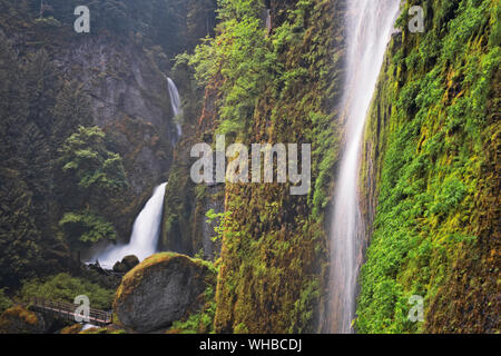 Feder Volumen von Wasser ergießt sich über Wahclella fällt und diese saisonale Wasserfall in Oregon Columbia River Gorge National Scenic Area. Stockfoto