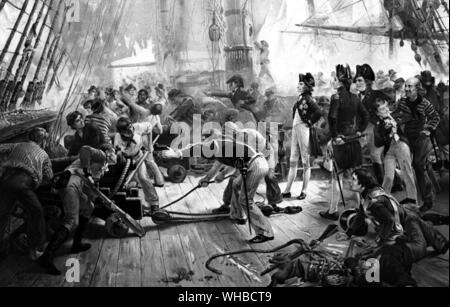 Nelson auf Quarter Deck der HMS Victory, die mit Beginn der Aktion am Trafalgar, nach dem Gemälde von W.H. Overend. Stockfoto