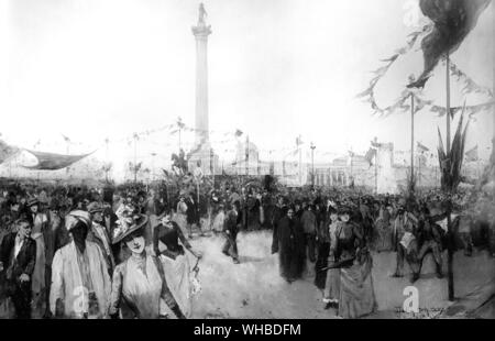 Queen Victoria - Diamond Jubilee - Jubiläumsfeierlichkeiten in Trafalgar Square am 21. Juni 1887 - Aquarell von Dudley Hardy.. Victoria (Alexandrina Victoria. 24. Mai 1819 - 22. Januar 1901) wurde die Königin des Vereinigten Königreichs von Großbritannien und Irland vom 20. Juni 1837, und die erste Kaiserin von Indien vom 1. Mai 1876, bis zu ihrem Tod am 22. Januar 1901. Ihre Herrschaft dauerte 63 Jahre und sieben Monate, länger als bei jedem anderen britischen Monarchen. Die Kolonialen Sekretär, Joseph Chamberlain, vorgeschlagen, dass die Diamond Jubilee ein Festival des Britischen Empire. Die Premierminister von Alle Stockfoto