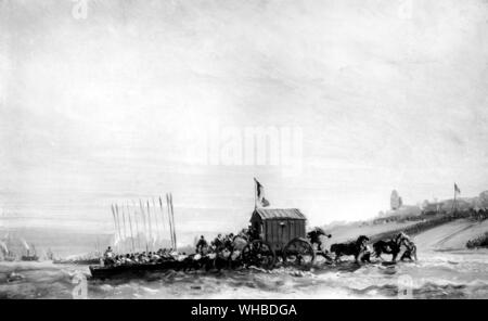 Besuch von Queen Victoria Treport 2 September 1843 - Bild zeigt Ihr aussteigen. Im September 1843 Queen Victoria den Ärmelkanal überquerte zum ersten Mal. Ihr Ziel war Tréport in Nord-Frankreich, wo die Royal Party von Louis-Philippe, König der Franzosen erfüllt wurde. Von dort aus die Königin wurde von der Straße auf das Château d'Eu, Residenz des Königs. Am Ende Ihrer 5-tägigen Aufenthalt in Eu, Königin Marie-Amélie präsentiert Queen Victoria mit einem Ventilator, Aufnahme der Ankunft am Kai von Tréport am 2. September. -. Victoria (Alexandrina Victoria. 24. Mai 1819 - 22. Januar Stockfoto