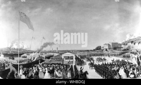 Empfang für Queen Victoria in Boulogne-sur-Mer, als sie den französischen Kaiser am 18. August 1855 besucht. Sie blieb im Château de Compiègne, einem französischen Château, eine königliche Residenz für Louis XV gebaut und von Napoleon wiederhergestellt. -. Victoria (Alexandrina Victoria. 24. Mai 1819 - 22. Januar 1901) wurde die Königin des Vereinigten Königreichs von Großbritannien und Irland vom 20. Juni 1837, und die erste Kaiserin von Indien vom 1. Mai 1876, bis zu ihrem Tod am 22. Januar 1901. Ihre Herrschaft dauerte 63 Jahre und sieben Monate, länger als bei jedem anderen britischen Monarchen.. . Stockfoto