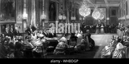 Besuch von Queen Victoria Treport 2 September 1843 - Gemälde von Eugene Lami zeigt ein Konzert im Chateau d'Eu (Versailles).. Im September 1843 Queen Victoria den Ärmelkanal überquerte zum ersten Mal. Ihr Ziel war Tréport in Nord-Frankreich, wo die Royal Party von Louis-Philippe, König der Franzosen erfüllt wurde. Von dort aus die Königin wurde von der Straße auf das Château d'Eu, Residenz des Königs. Am Ende Ihrer 5-tägigen Aufenthalt in Eu, Königin Marie-Amélie präsentiert Queen Victoria mit einem Ventilator, Aufnahme der Ankunft am Kai von Tréport am 2. September. -. Victoria Stockfoto