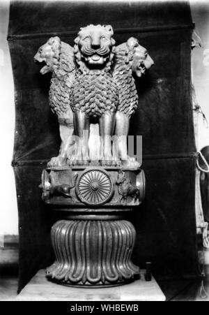 Asoka Säule mit drei Löwenköpfe angezeigt - die berühmte original Sandstein gemeißelte Lion Capital von Ashoka bei Sarnath Museum konserviert und ursprünglich um 250 v. Chr. errichtet auf einem Ashoka Säule bei Sarnath. Der Winkel, aus dem dieses Bild gemacht wurde, abzüglich der invertierte glockenförmige Lotus Blume, wurde angenommen, wie das nationale Emblem von Indien, das Pferd auf der linken und der Stier auf der rechten Seite des Ashoka Chakra in die runde Basis, auf der die vier Indischen Löwen zurück Stehen. Auf der anderen Seite gibt es ein Elefant und ein Löwe statt. Das Rad Ashoka Chakra aus seiner Stockfoto